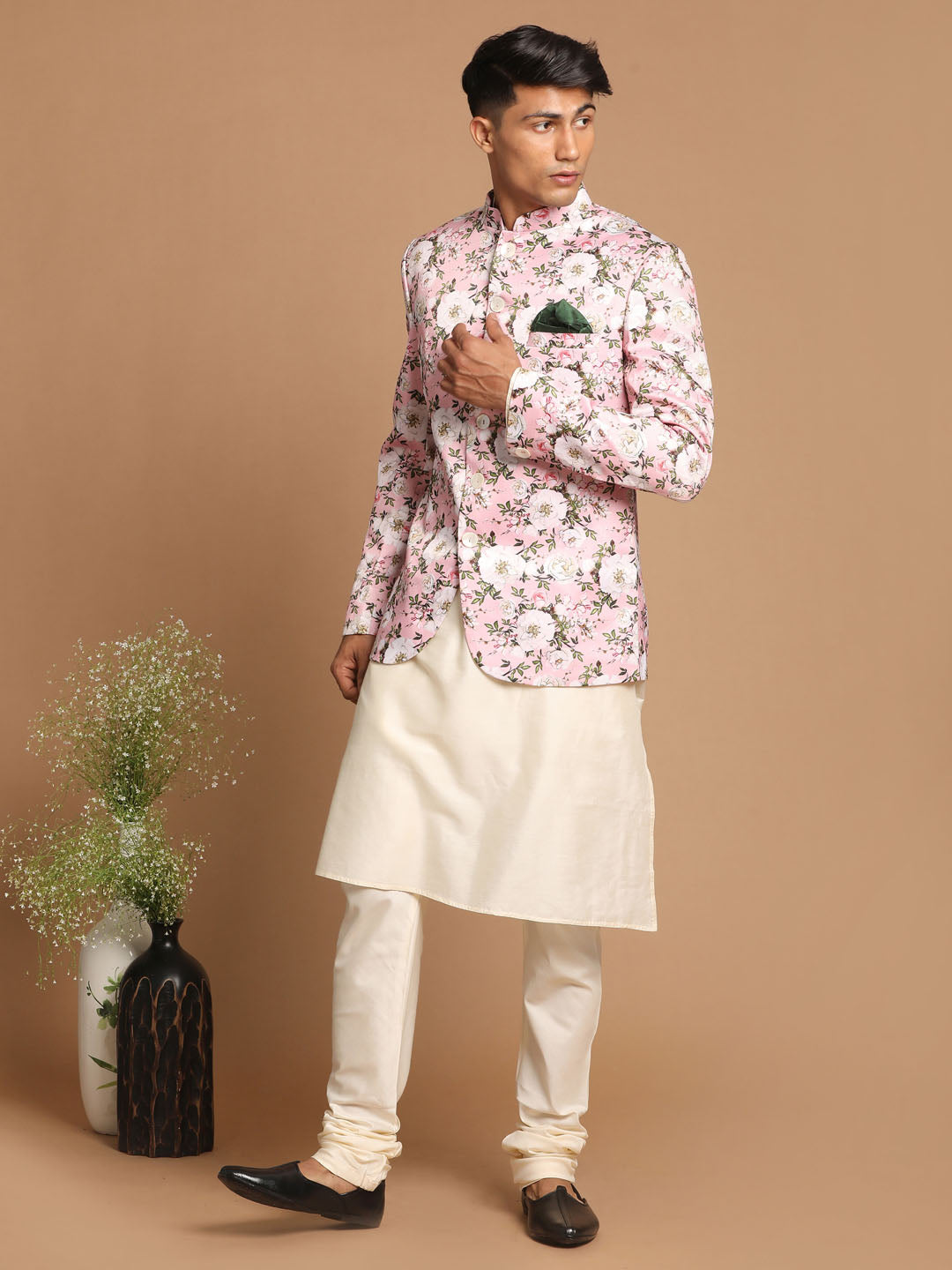 Vastramay Men's Pink Floral Print Jodhpuri With Cream Solid Kurta And Pyjama Set - PUSHMYCART