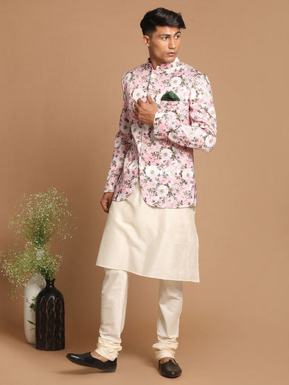 Vastramay Men's Pink Floral Print Jodhpuri With Cream Solid Kurta And Pyjama Set - PUSHMYCART