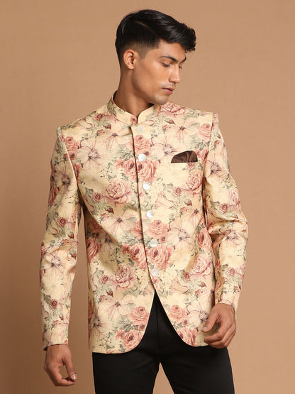 Vastramay Men's Beige Printed Jodhpuri - PUSHMYCART
