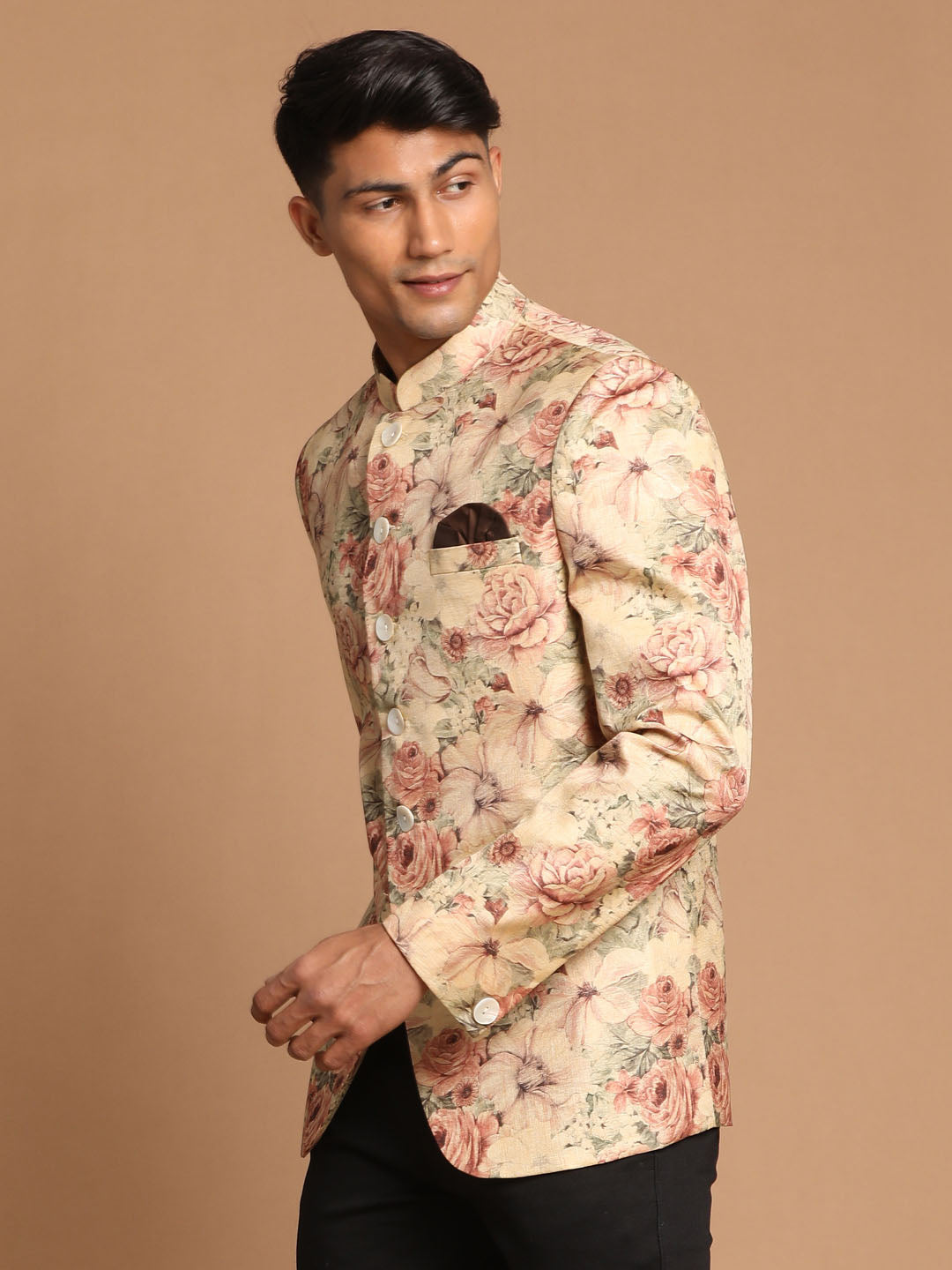Vastramay Men's Beige Printed Jodhpuri - PUSHMYCART
