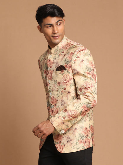 Vastramay Men's Beige Printed Jodhpuri - PUSHMYCART
