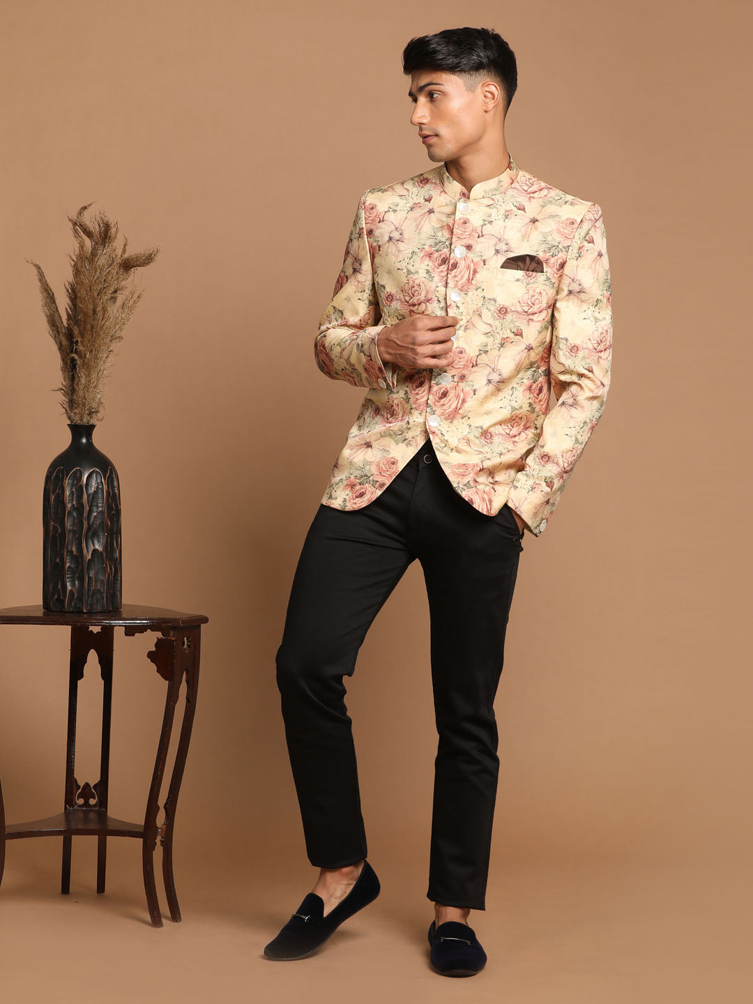 Vastramay Men's Beige Printed Jodhpuri - PUSHMYCART