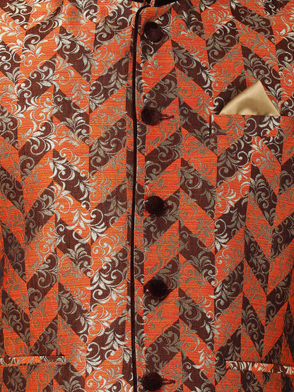 VASTRAMAY Men's Orange Cotton Silk Blend Ethnic Jacket - PUSHMYCART