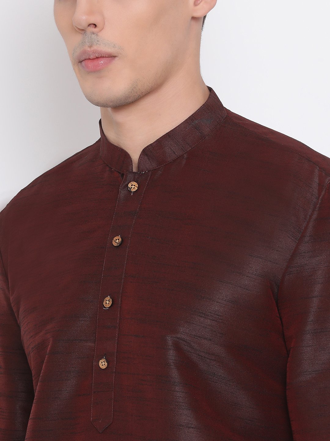 Vastramay Mens Burgundy Silk Blend Kurta and Pyjama Set