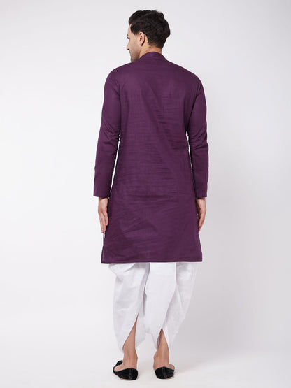 Vastramay Men's Purple And White Cotton Blend Kurta And Dhoti Set - PUSHMYCART
