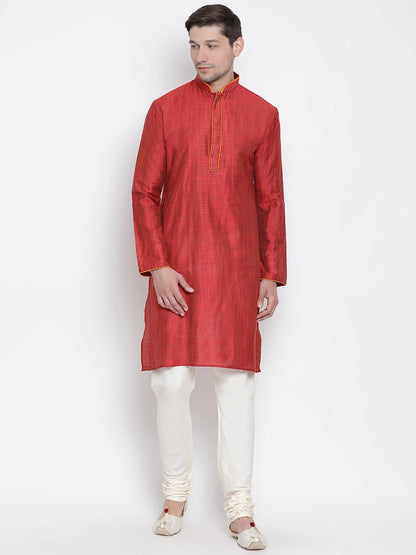 VASTRAMAY Men's Maroon Cotton Kurta and Pyjama Set