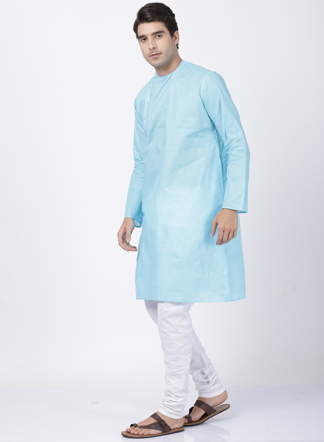 VASTRAMAY Men's Light Blue Cotton Blend Kurta and Pyjama Set - PUSHMYCART