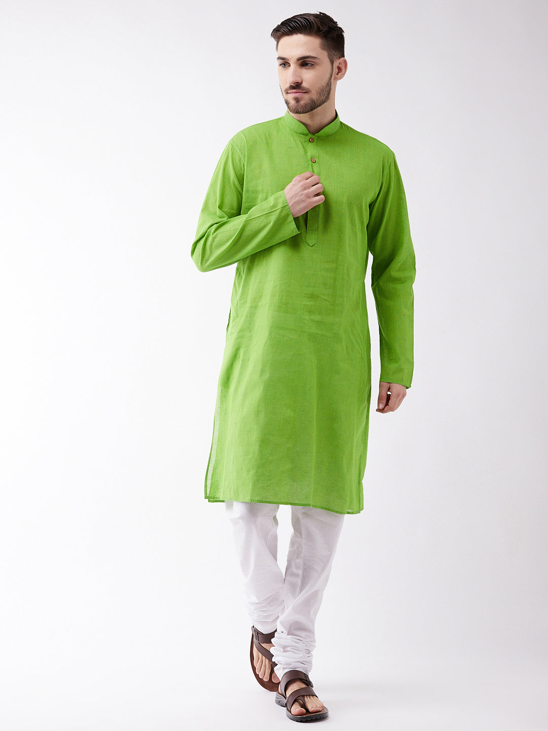 Vastramay pure handloom cotton green and white baap beta kurta pyjama set 4
