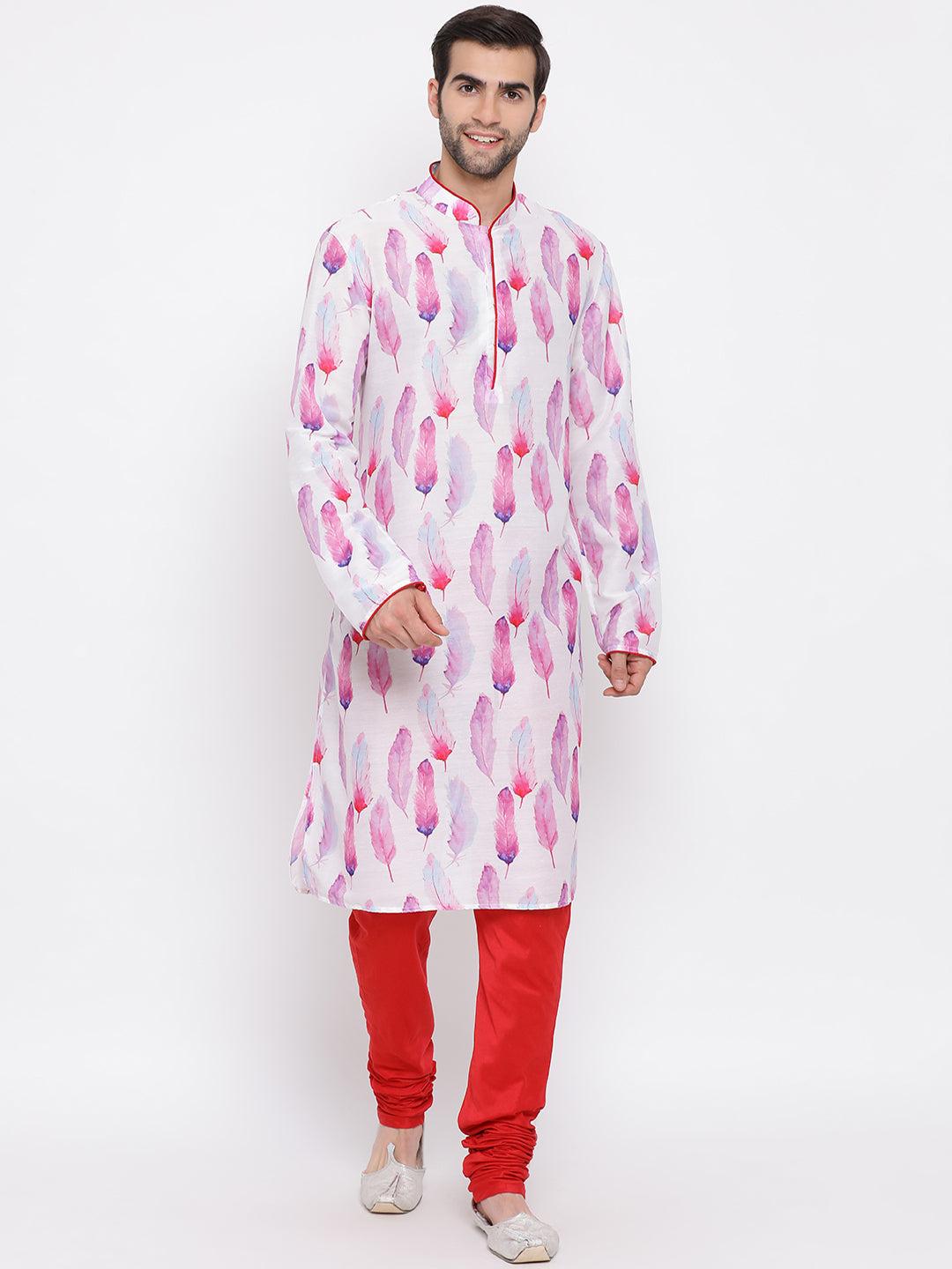 Vastramay Cotton Blend Multicolor-Base-White Baap Beta Kurta Pyjama Set - PUSHMYCART