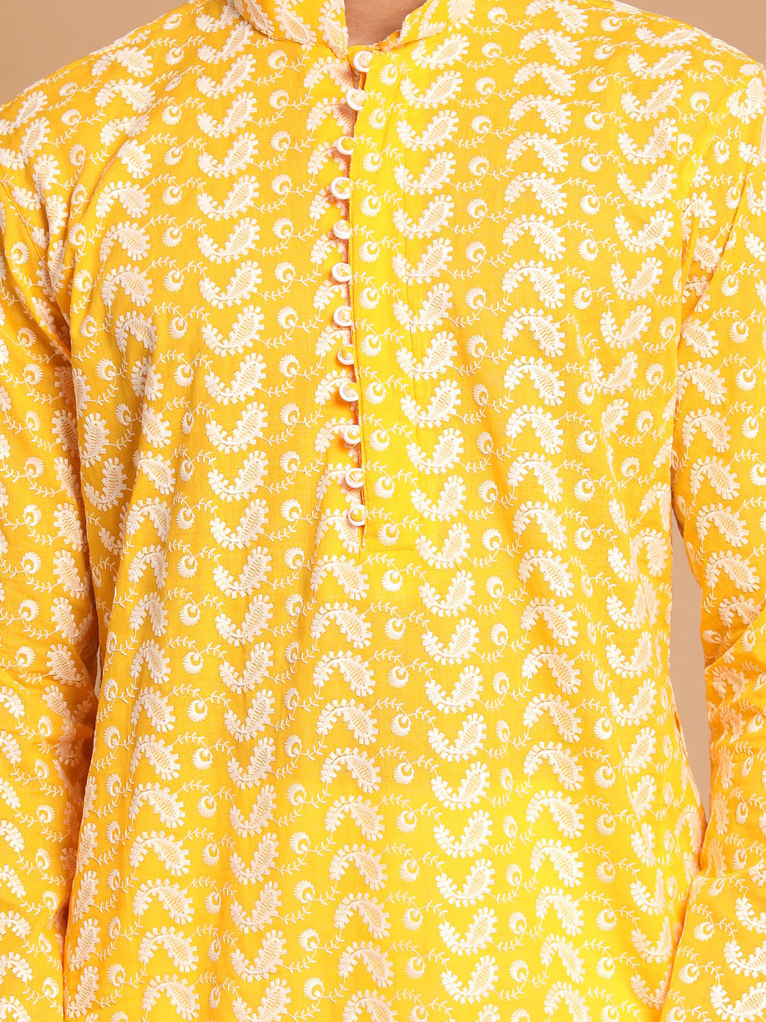 vastramay mens orange and white color chikankari kurta with cotton pant set with a prayer cap