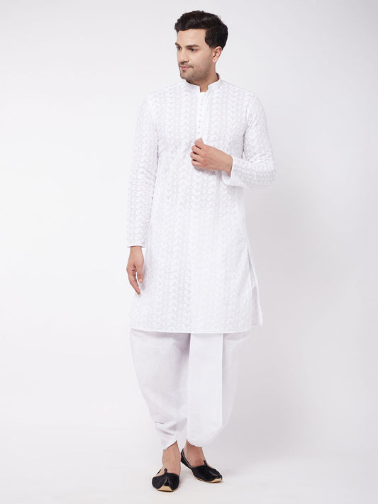 Vastramay Men's White Pure Cotton Chikankari Kurta With Dhoti Set - PUSHMYCART