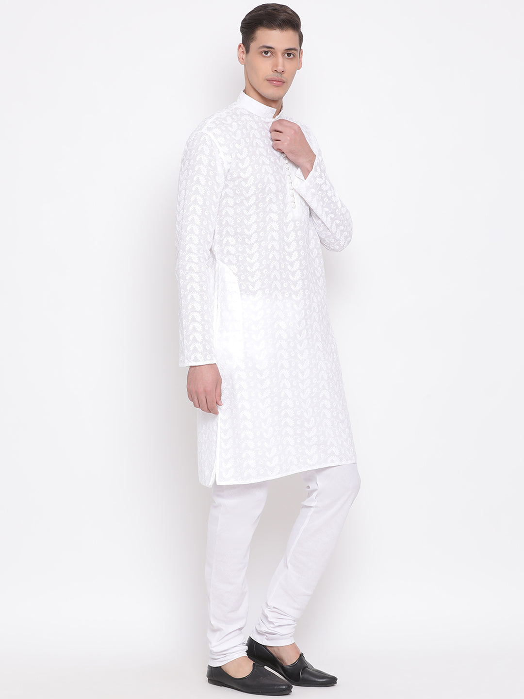 Vastramay White Pure Cotton Chikankari Kurta Pyjama Baap Beta Set - PUSHMYCART