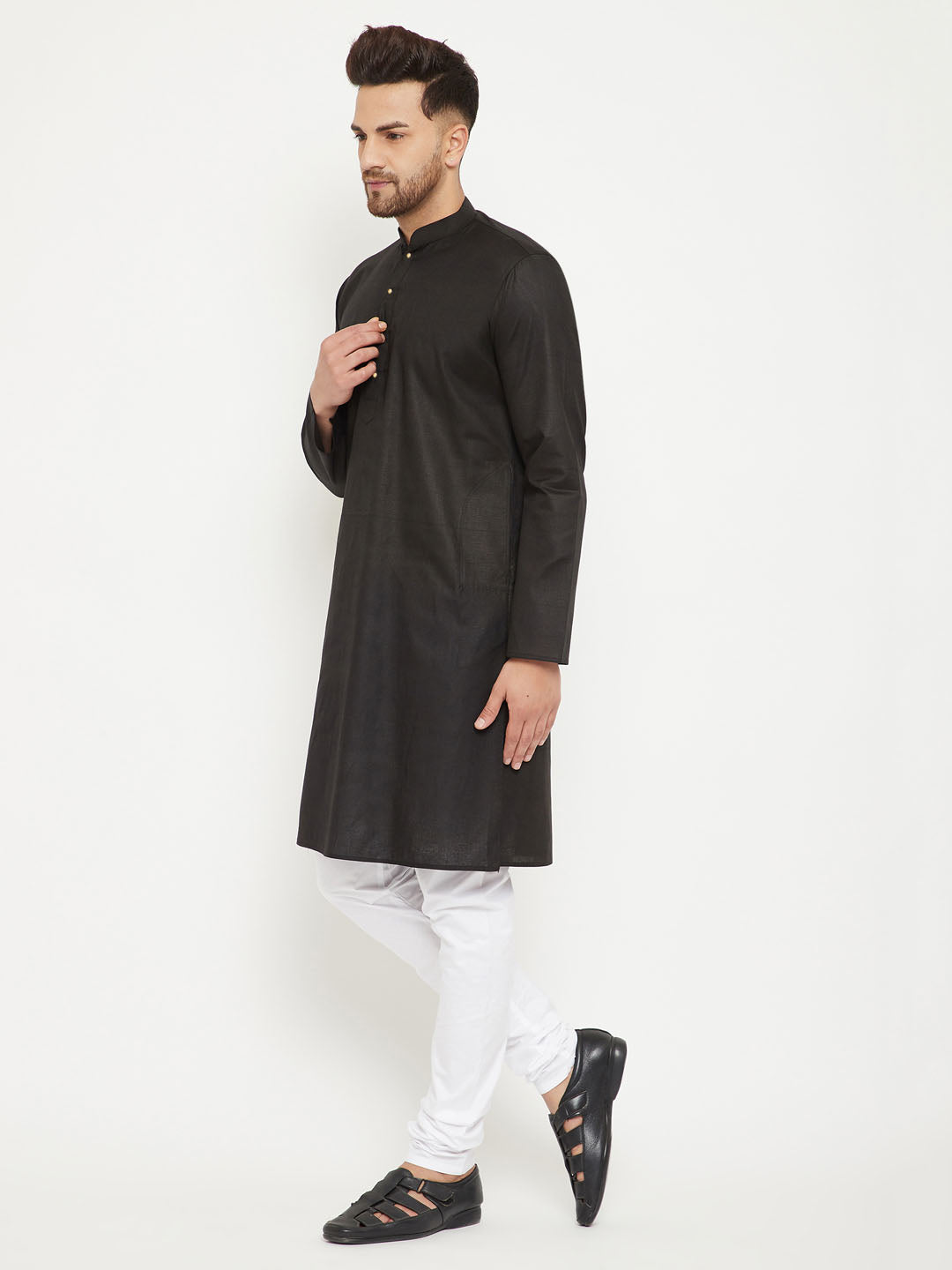 vastramay mens black and white cotton blend kurta pyjama set