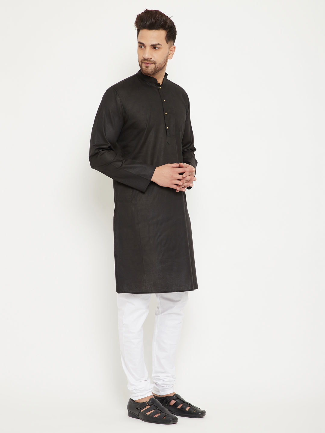 vastramay mens black and white cotton blend kurta pyjama set