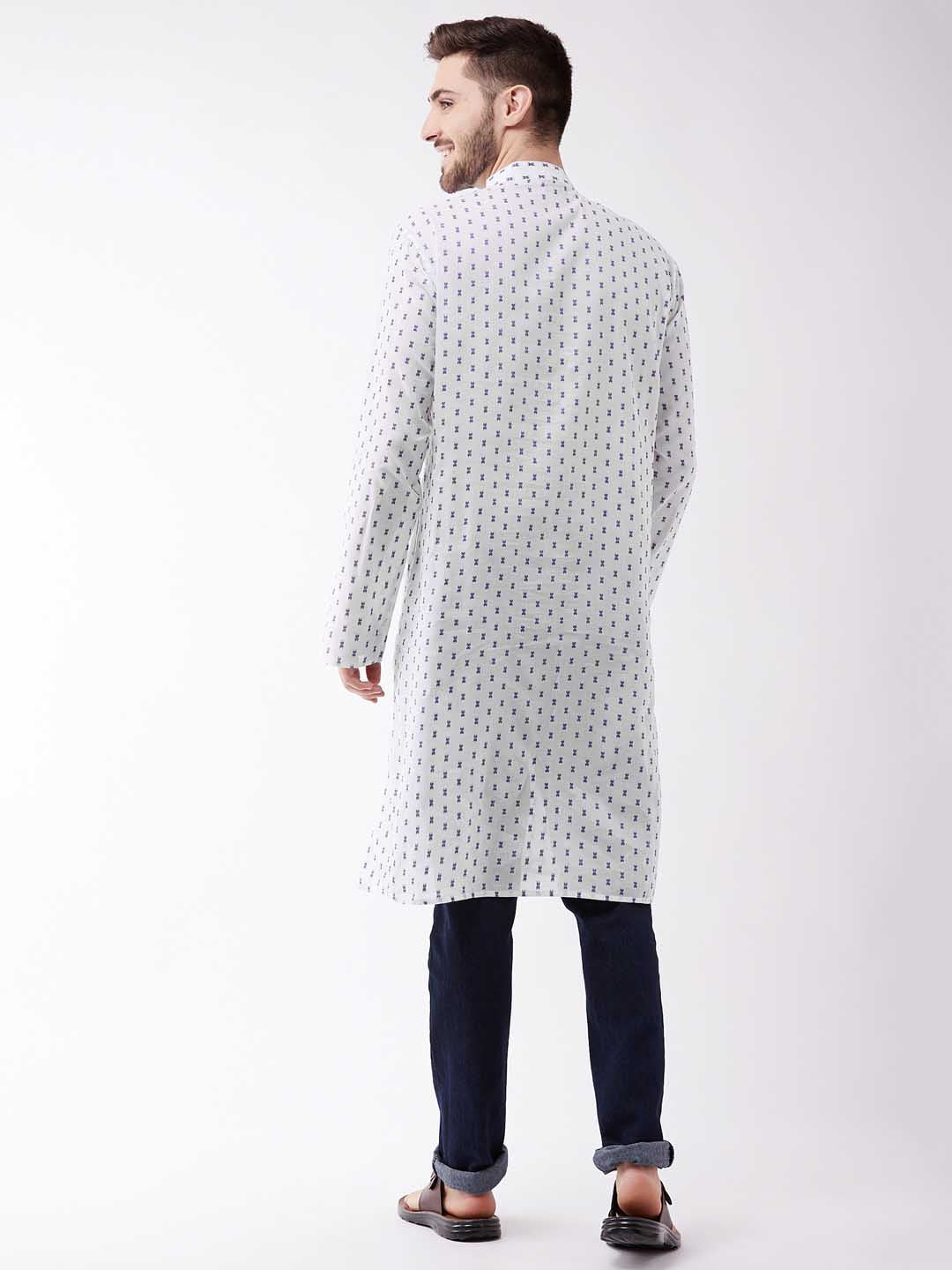 Vastramay Mens White And Blue Cotton Kurta