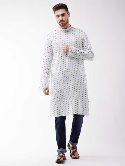 Vastramay Mens White And Blue Cotton Kurta