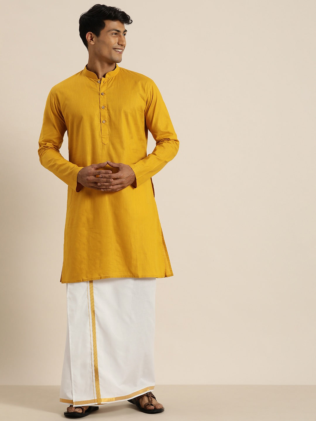 Vastramay Men's Mustard Cotton Kurta And Mundu Set - PUSHMYCART