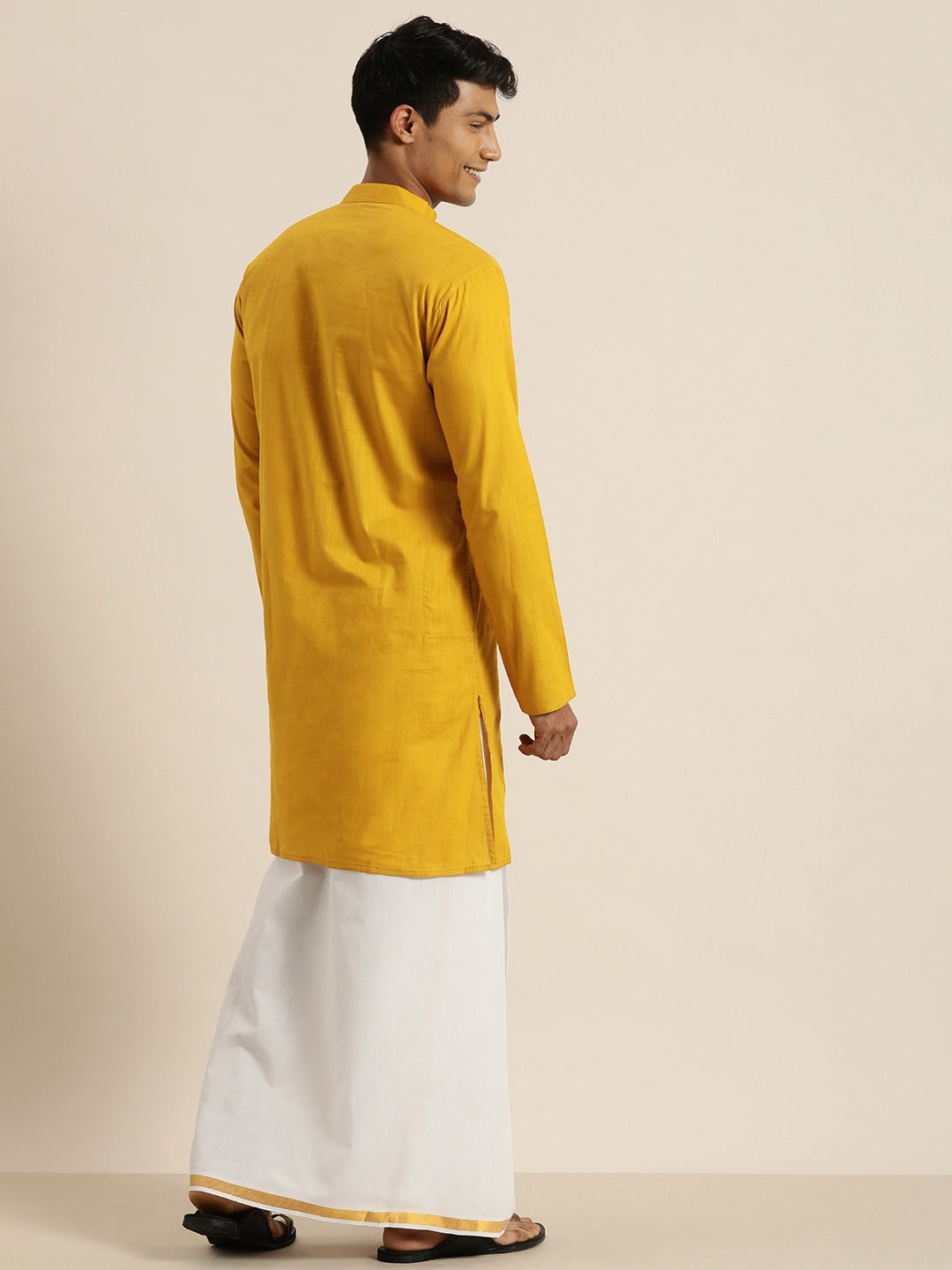 Vastramay Men's Mustard Cotton Kurta And Mundu Set - PUSHMYCART