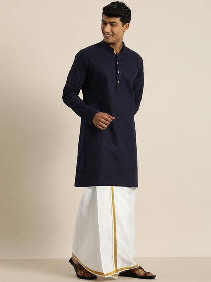 Vastramay Men's Navy Blue Cotton Kurta And Mundu Set - PUSHMYCART