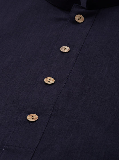 Vastramay Men's Navy Blue Cotton Kurta And Mundu Set - PUSHMYCART