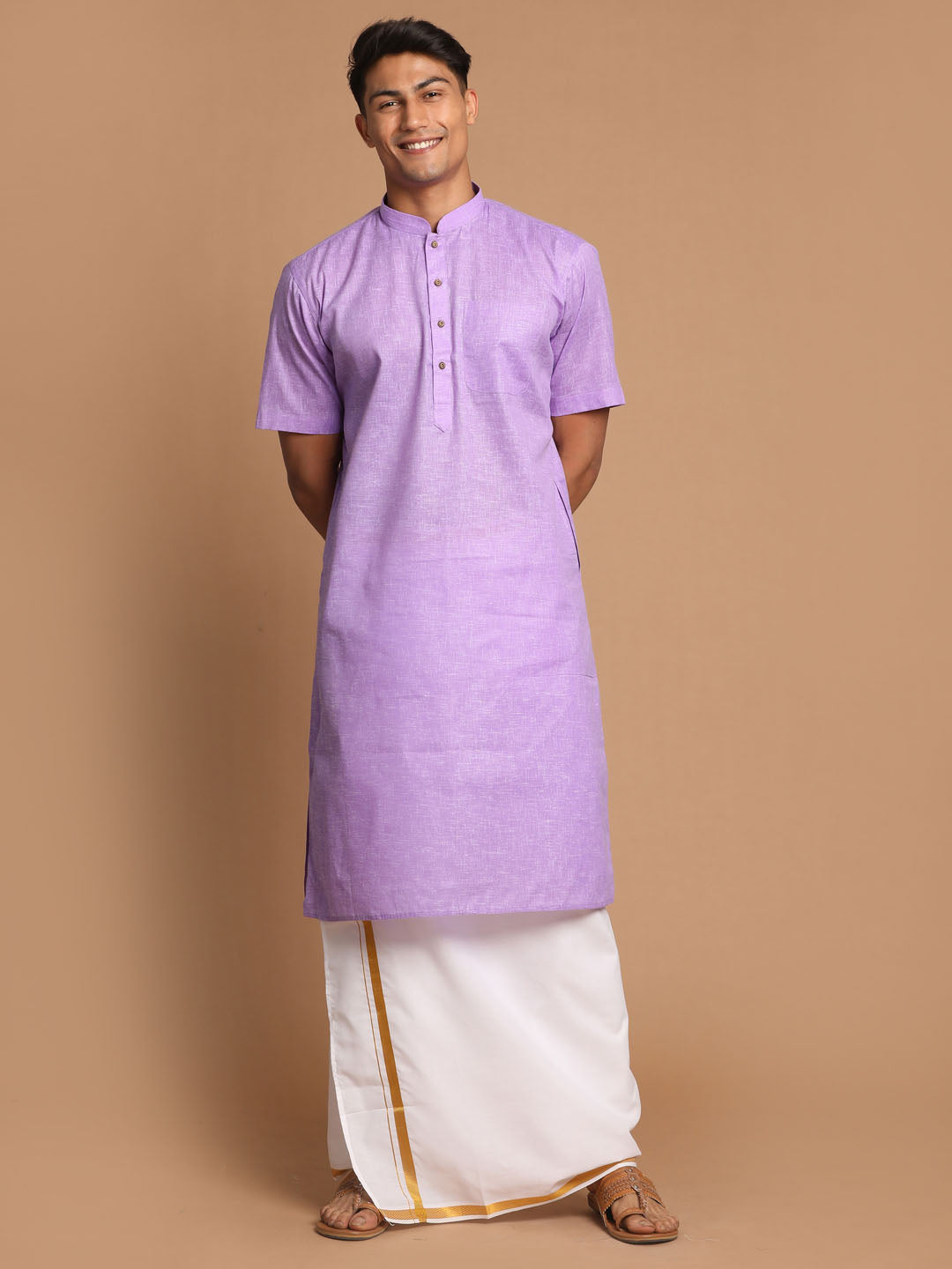 Vastramay Men's Purple Cotton Kurta And Mundu Set - PUSHMYCART