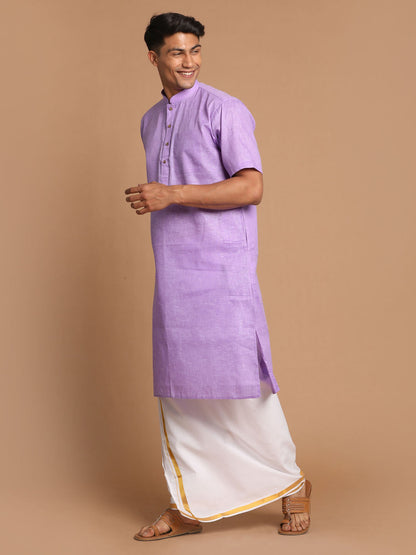 Vastramay Men's Purple Cotton Kurta And Mundu Set - PUSHMYCART