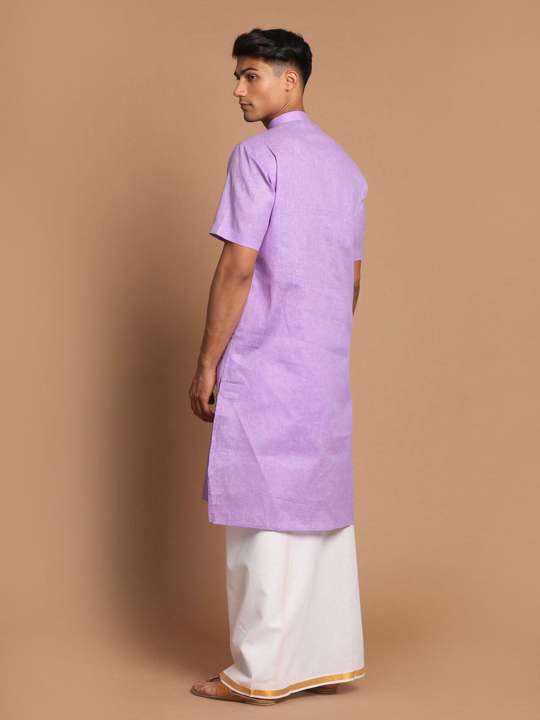 Vastramay Men's Purple Cotton Kurta And Mundu Set - PUSHMYCART