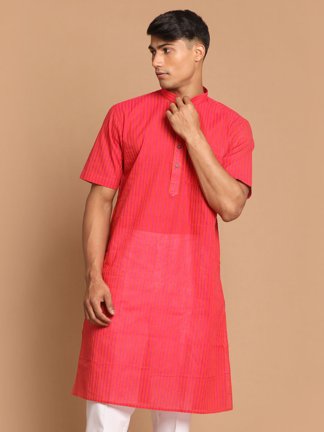 Vastramay Men's Pink Color Striped Kurta - PUSHMYCART