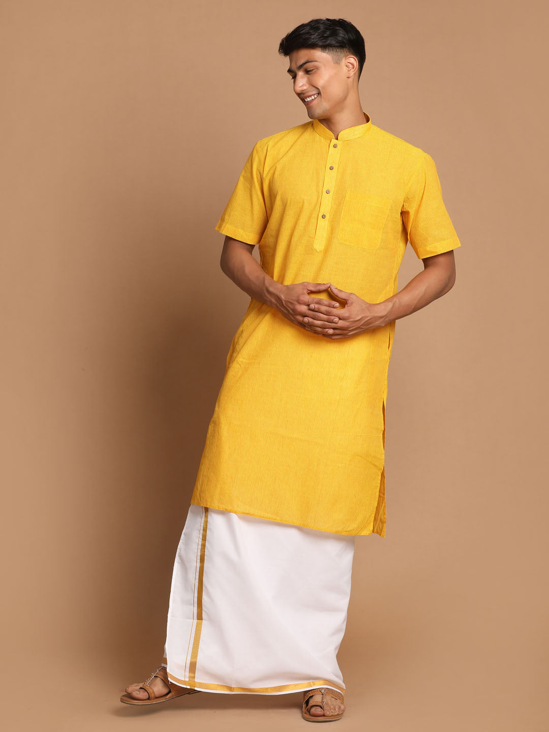 Vastramay Men's Yellow Pure Cotton Striped Kurta And Mundu Set - PUSHMYCART