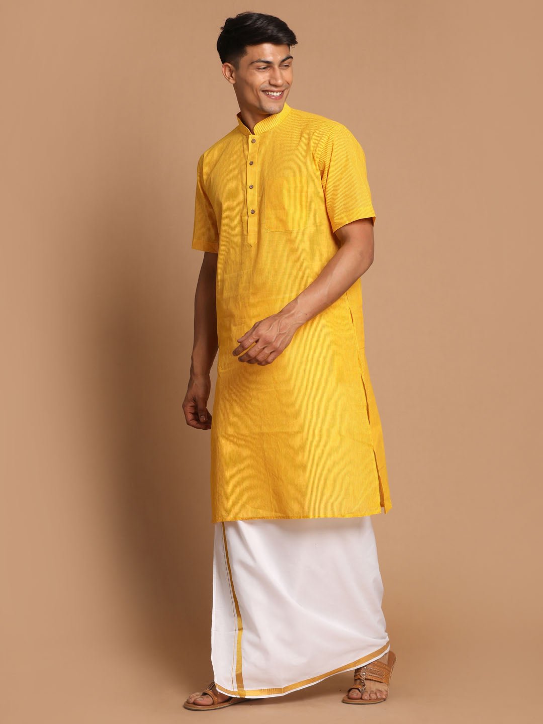 Vastramay Men's Yellow Pure Cotton Striped Kurta And Mundu Set - PUSHMYCART
