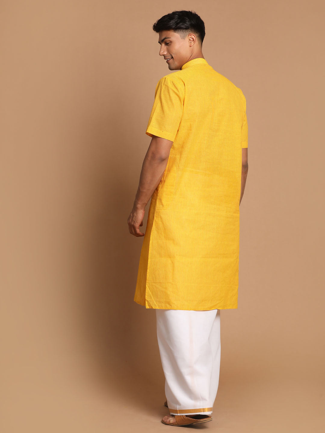 Vastramay Men's Yellow Pure Cotton Striped Kurta And Mundu Set - PUSHMYCART