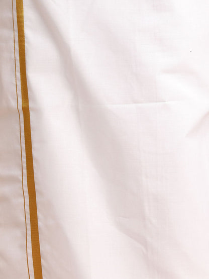 Vastramay Men's Yellow Pure Cotton Striped Kurta And Mundu Set - PUSHMYCART
