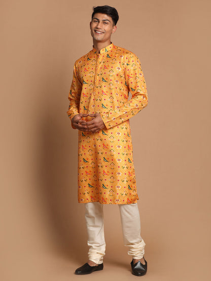 Vastramay Men's Yellow Silk Blend Ethnic Kurta - PUSHMYCART