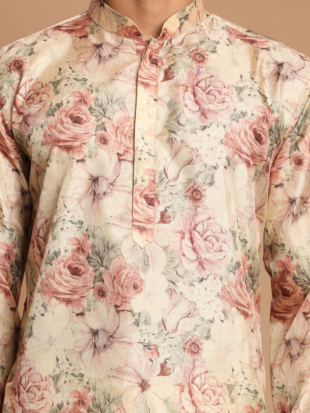 Vastramay Men's Beige Floral Printed Kurta with Cream Solid Pyjama Set - PUSHMYCART
