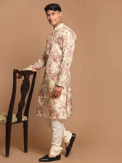 Vastramay Men's Beige Floral Printed Kurta with Cream Solid Pyjama Set - PUSHMYCART