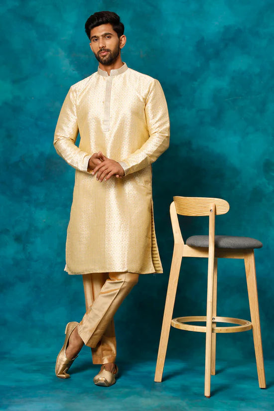 VASTRAMAY Men's Beige jacquard Kurta With Pant Set - PUSHMYCART