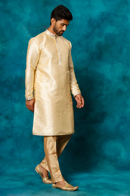 VASTRAMAY Men's Beige jacquard Kurta With Pant Set