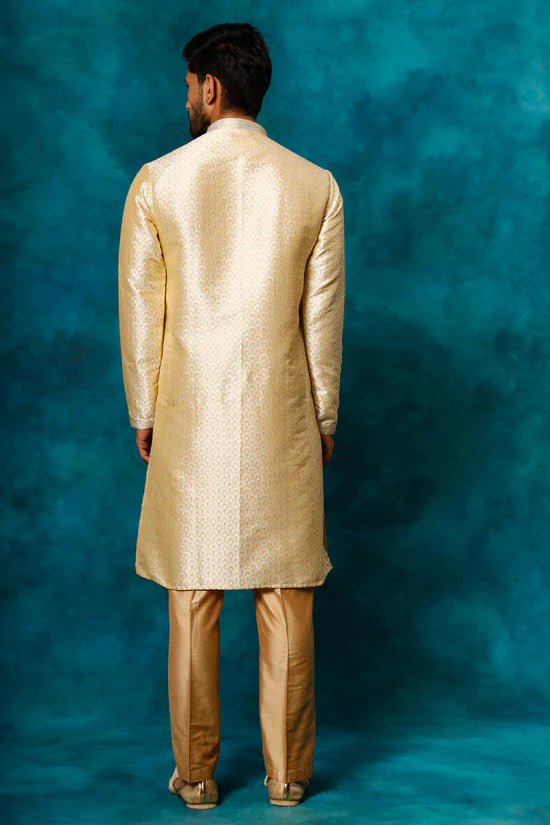 VASTRAMAY Men's Beige jacquard Kurta With Pant Set - PUSHMYCART
