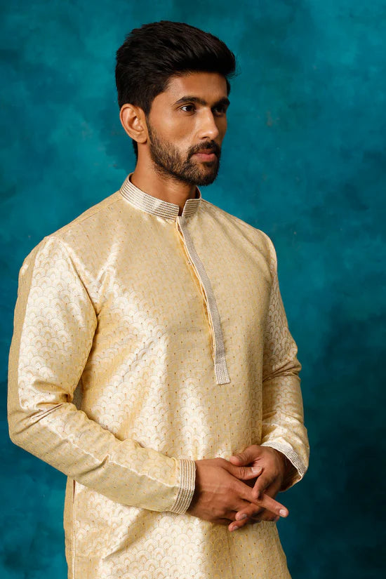 VASTRAMAY Men's Beige jacquard Kurta With Pant Set - PUSHMYCART