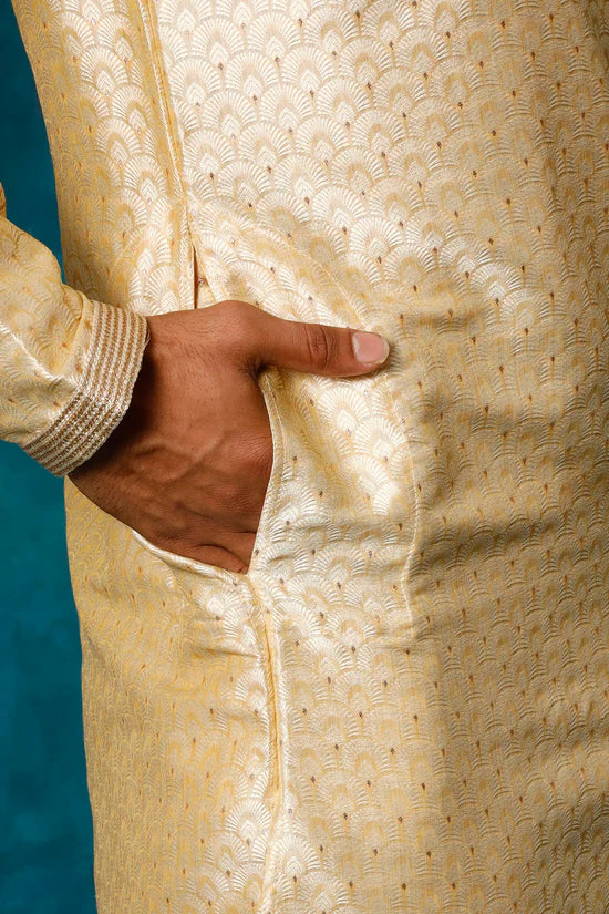 VASTRAMAY Men's Beige jacquard Kurta With Pant Set - PUSHMYCART