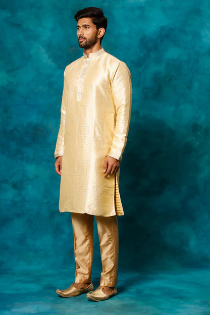 VASTRAMAY Men's Beige jacquard Kurta With Pant Set - PUSHMYCART