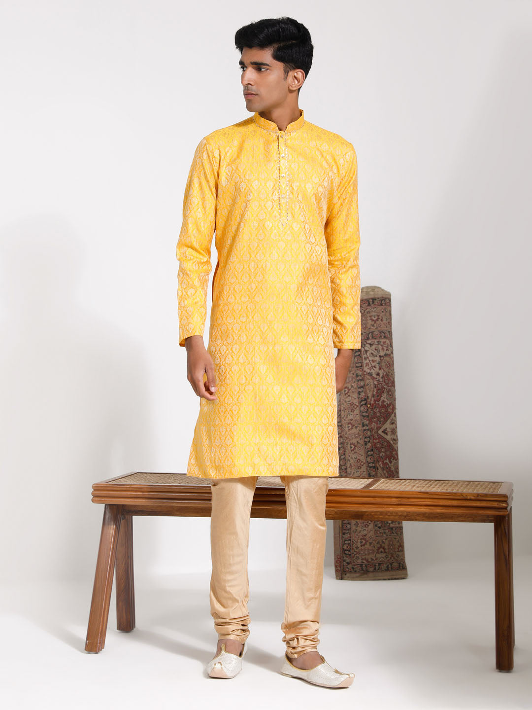 vastramay mens yellow silk blend kurta and pyjama set