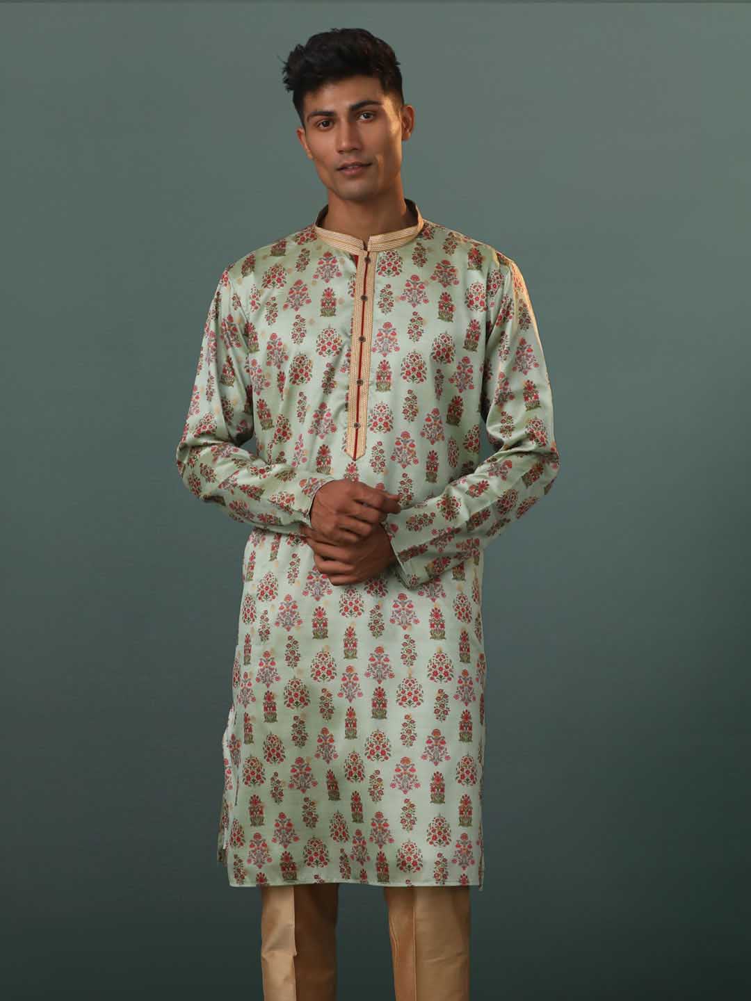 vastramay mes aqua silk blend floral printed kurta