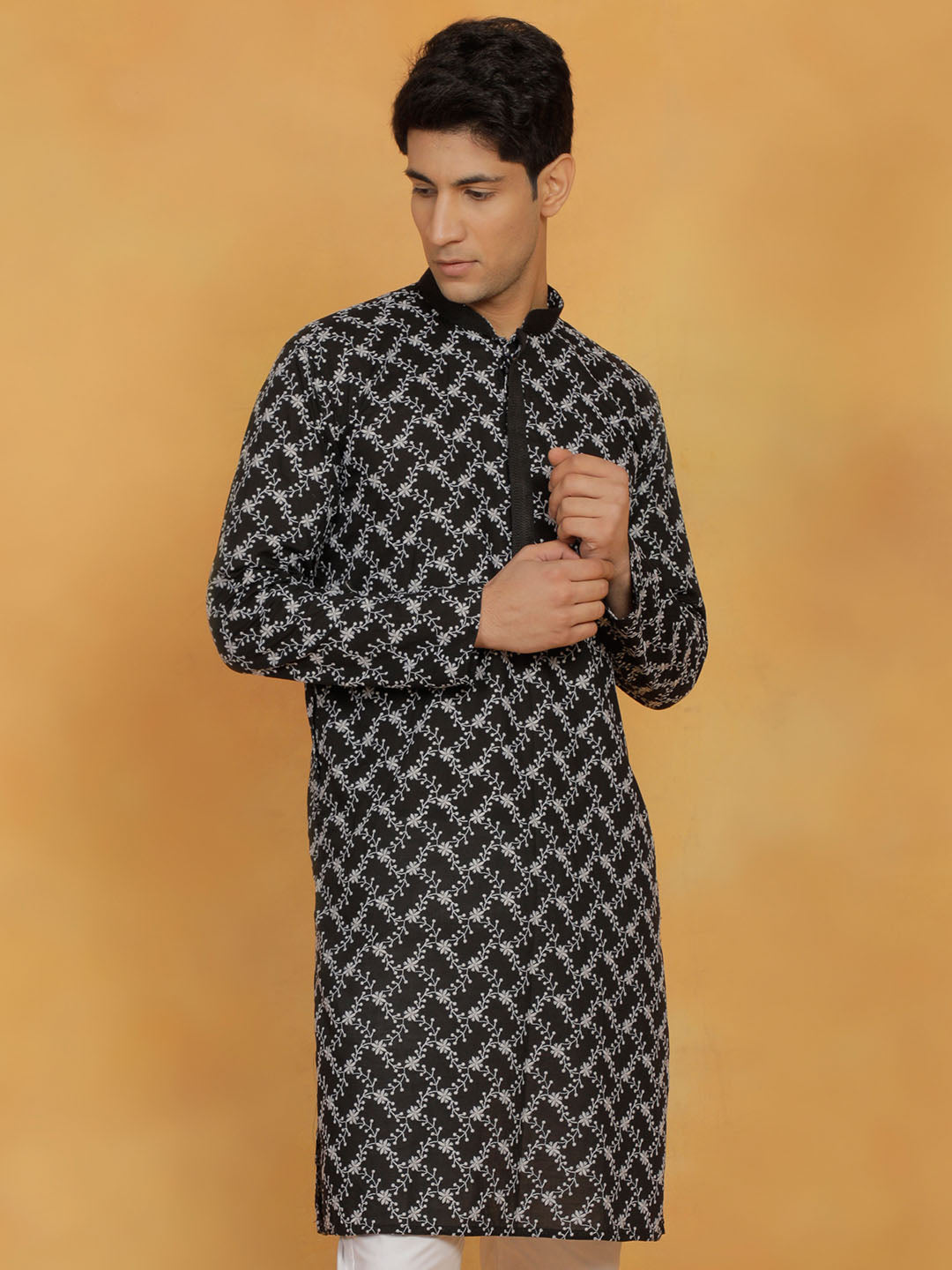 vastramay mens black cotton kurta  