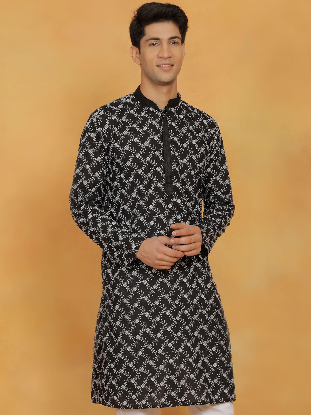 vastramay mens black cotton kurta  