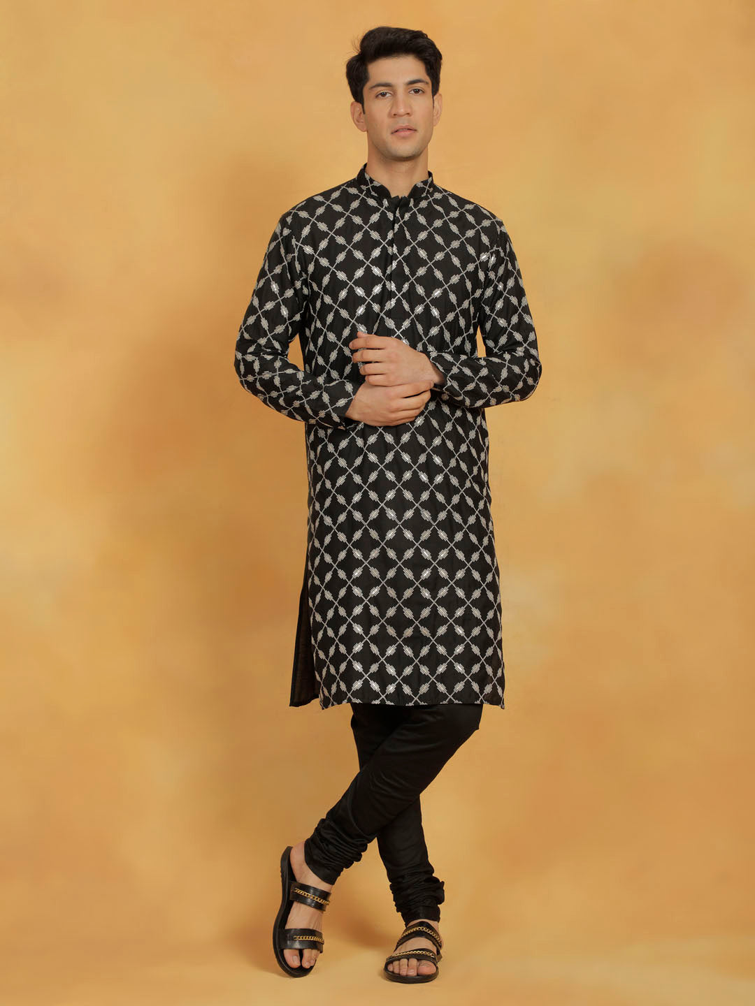 vastramay mens black cotton blend kurta and pyjama set