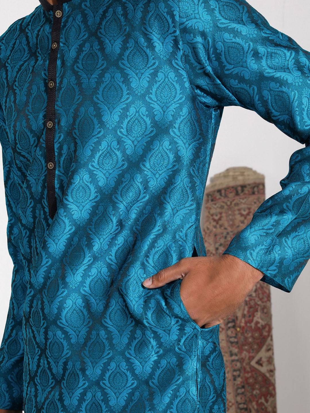 vastramay mens turquoise silk blend kurta