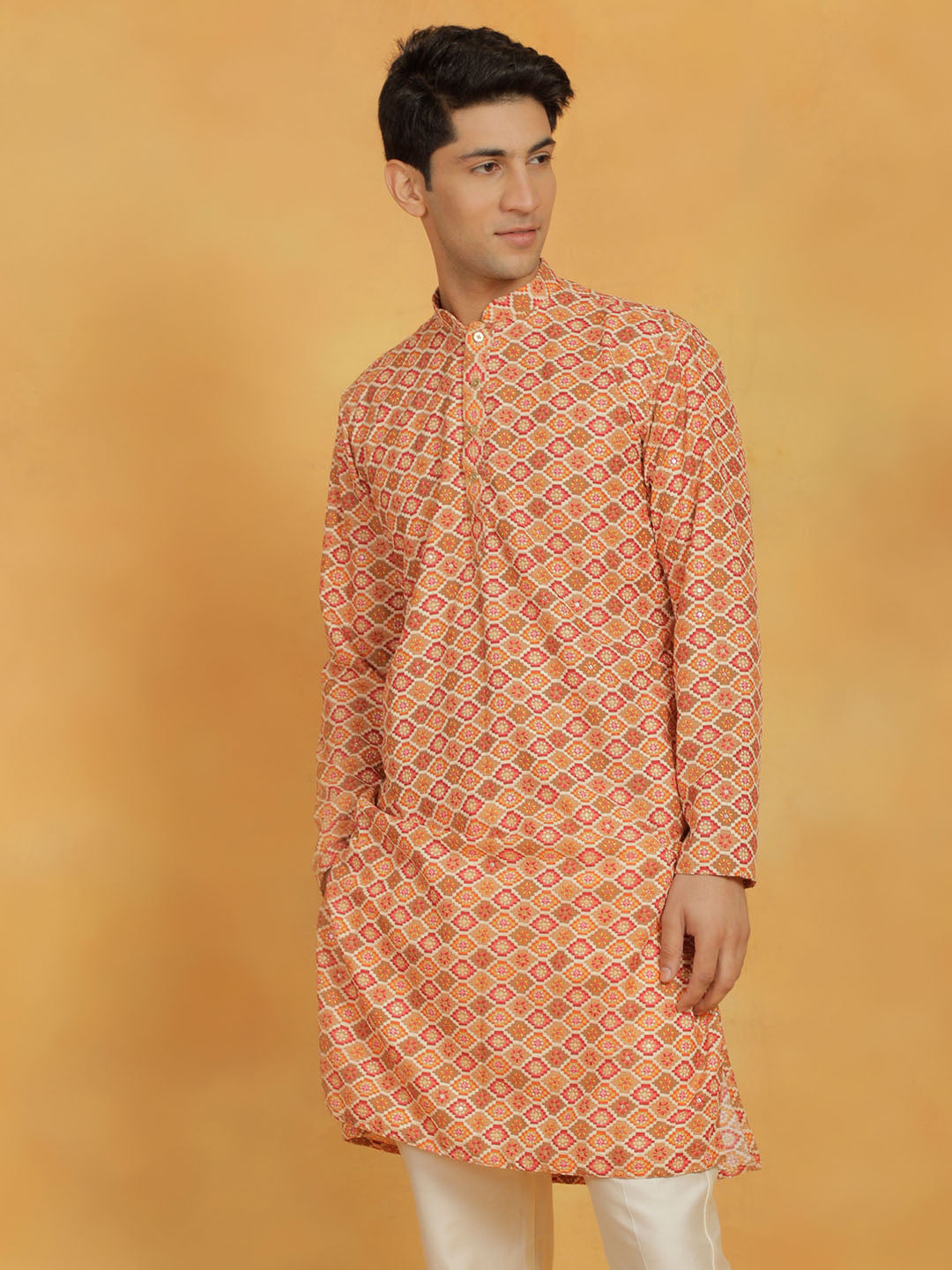 vastramay mens orange maslin kurta