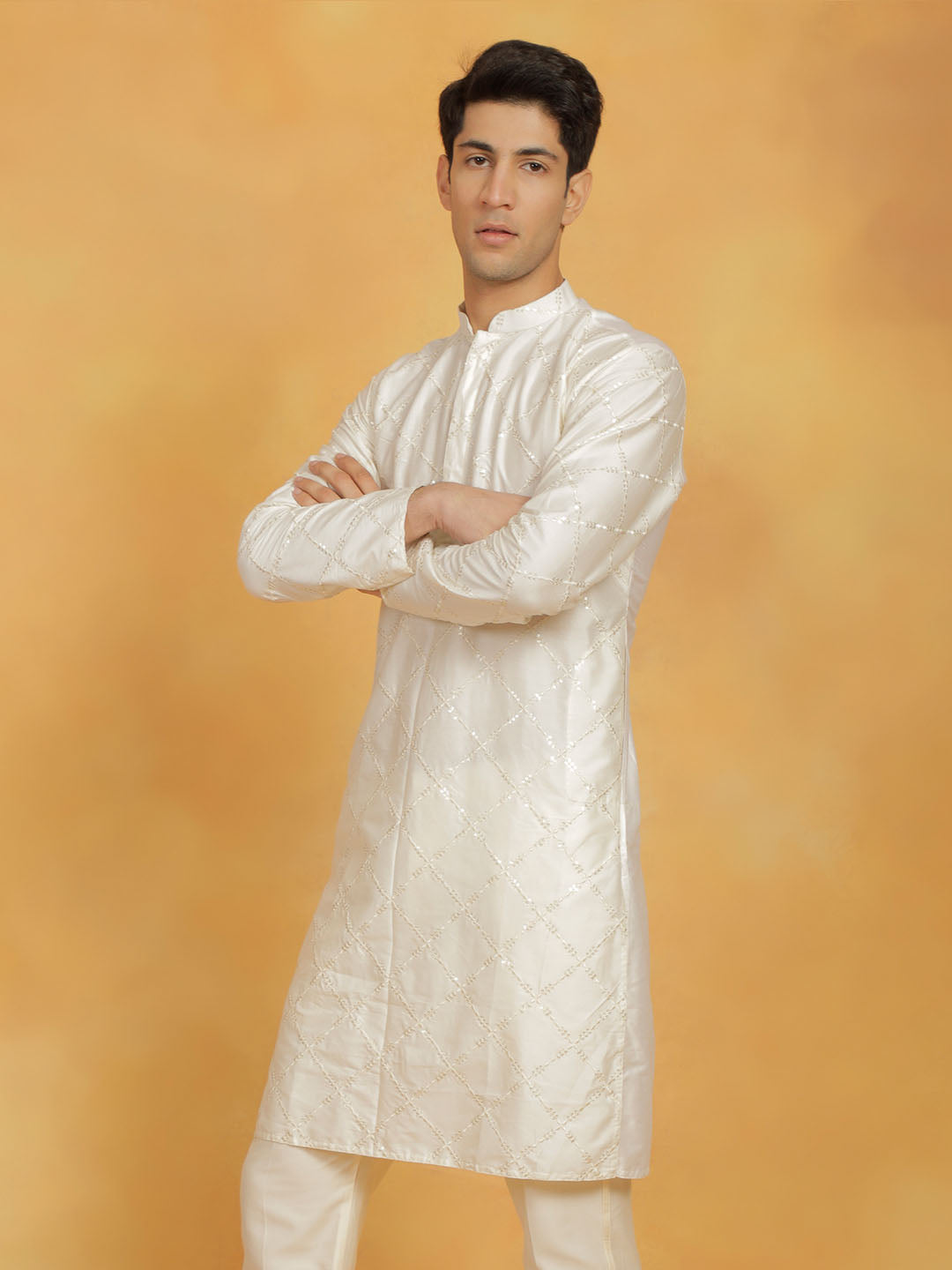 vastramay mens cream viscose kurta