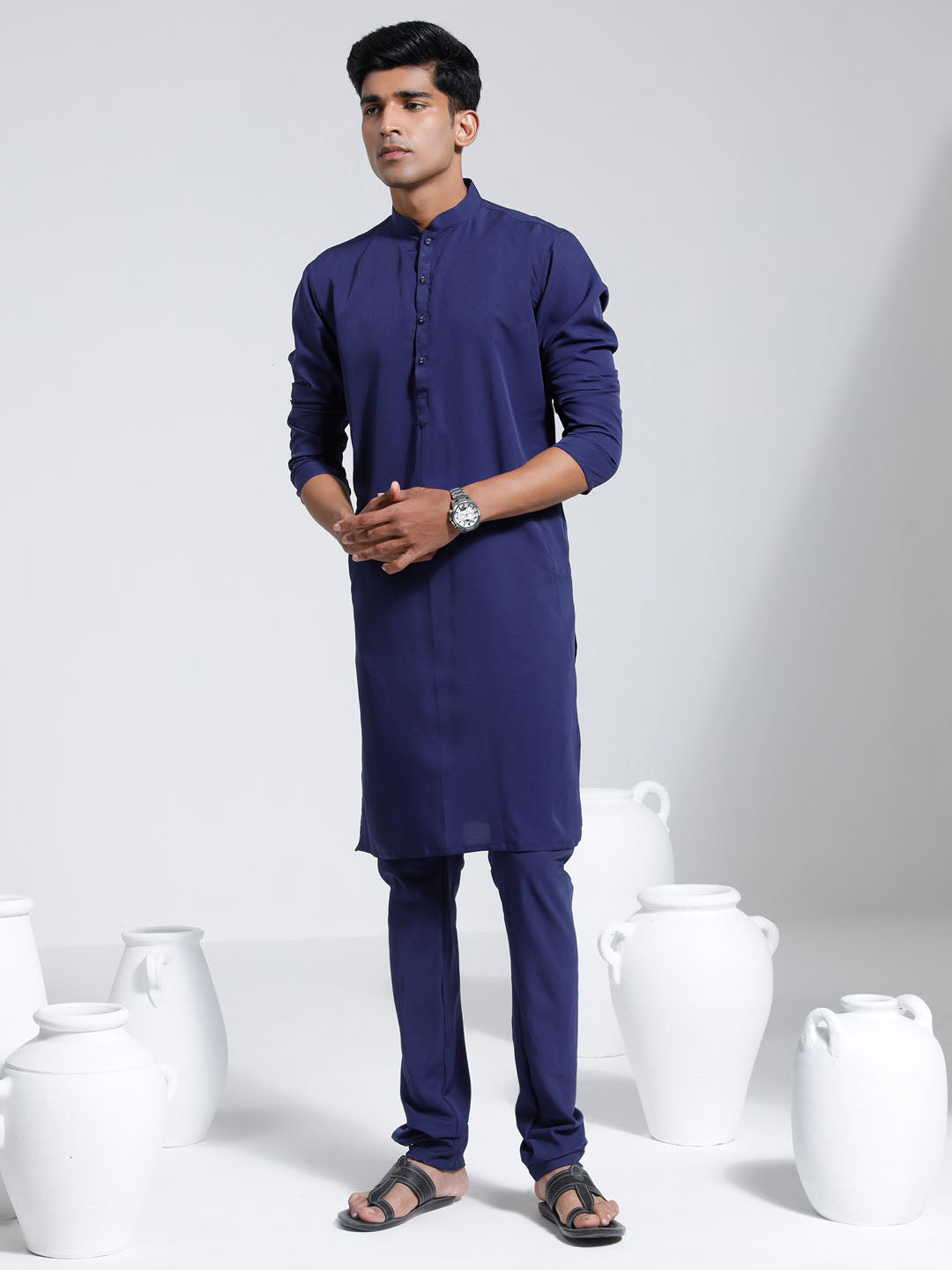 vastramay mens navy blue crepe kurta